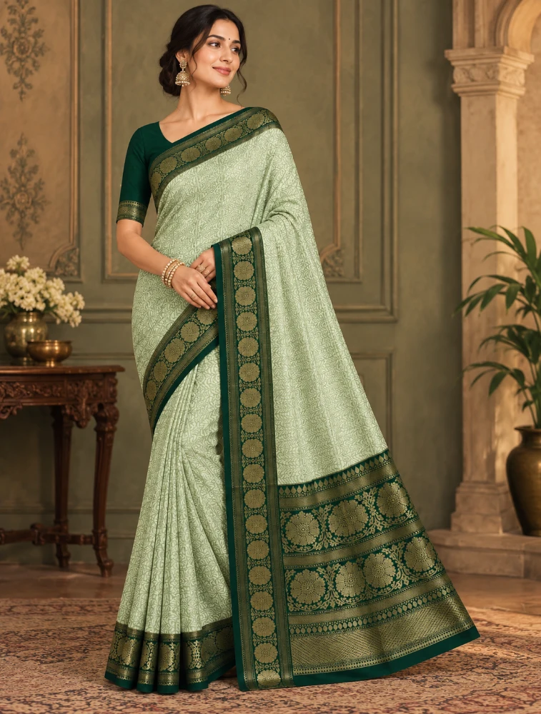 Green Womens Elegant Tissue Brocade Saree with Rich Zari Border