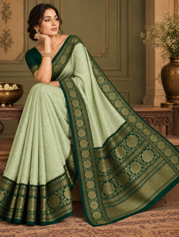 Green Womens Elegant Tissue Brocade Saree with Rich Zari Border