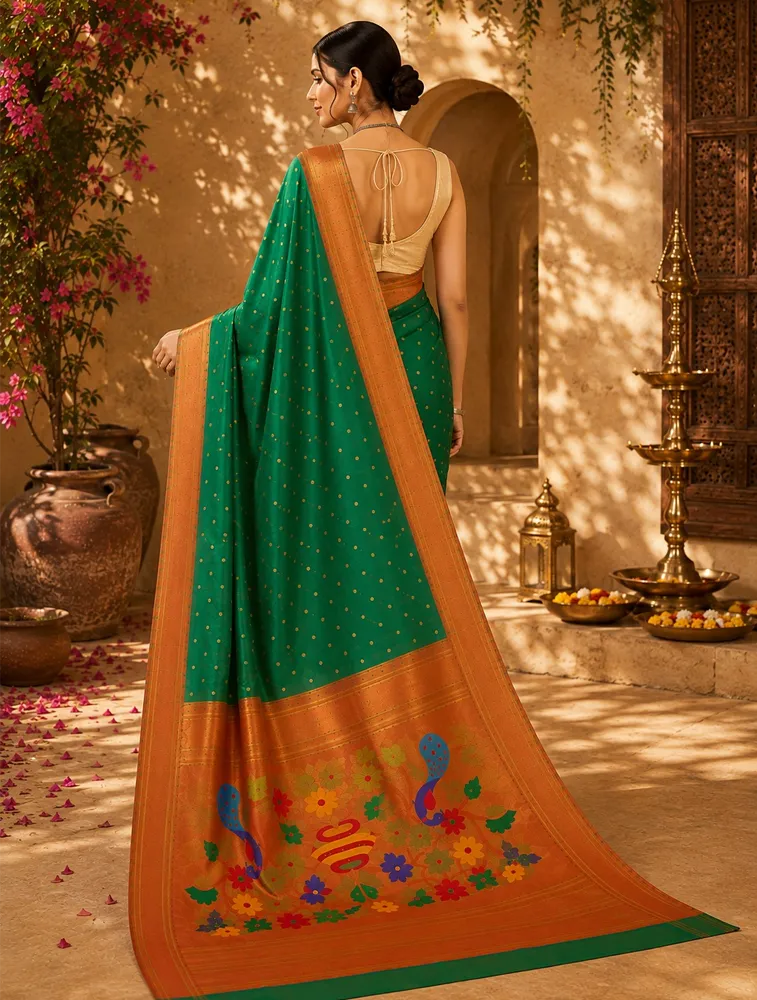 Green Womens Premium Semi Paitani sarees With Munia Border