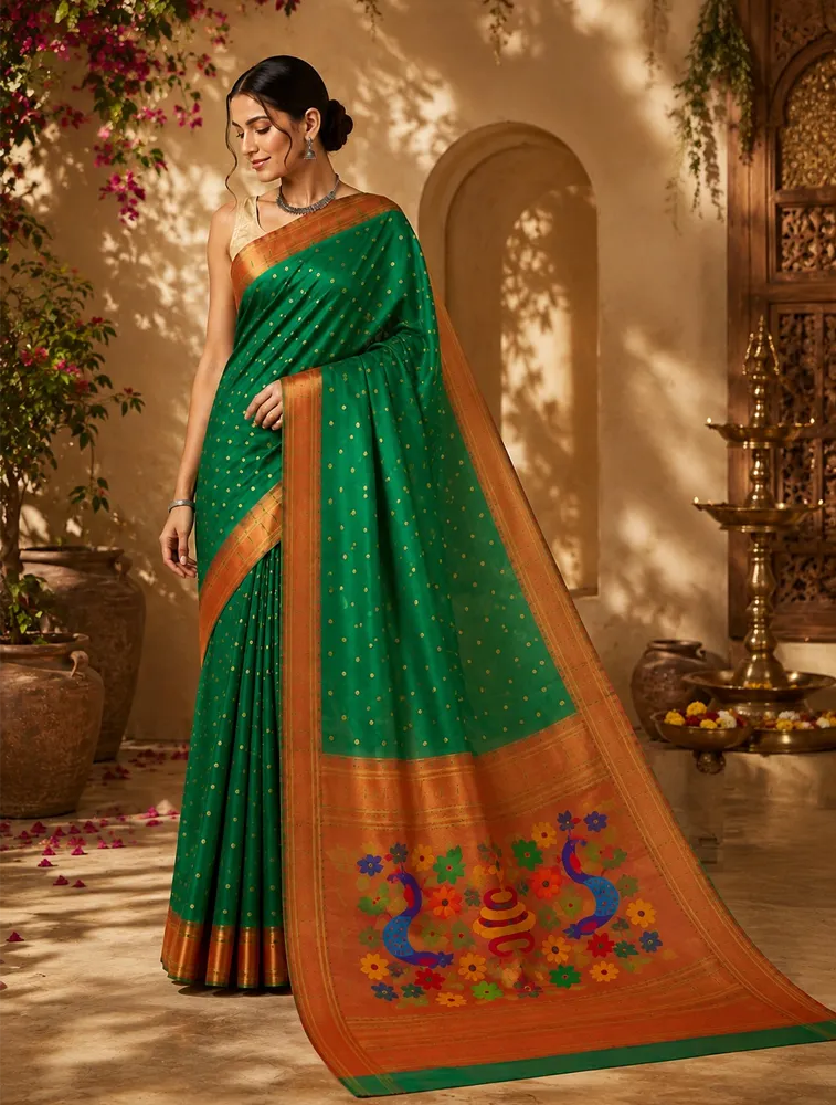 Green Womens Premium Semi Paitani sarees With Munia Border 