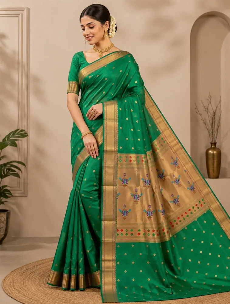 Green Womens Premium Semi Paithani Saree
