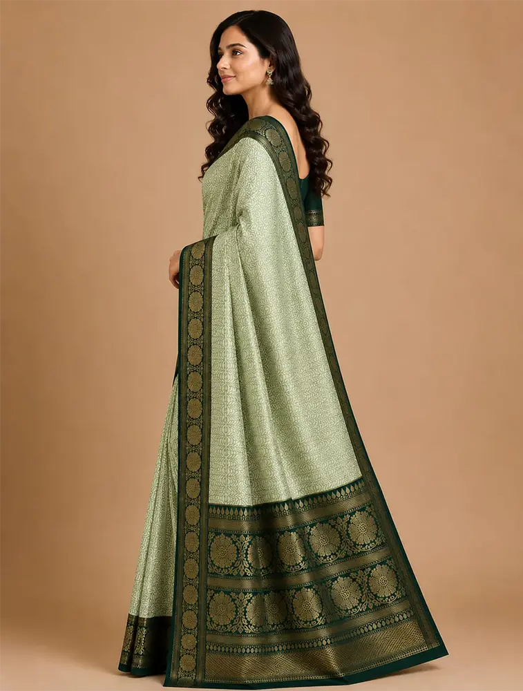 Green Womens Premium Tissue Brocade 3 Card Saree
