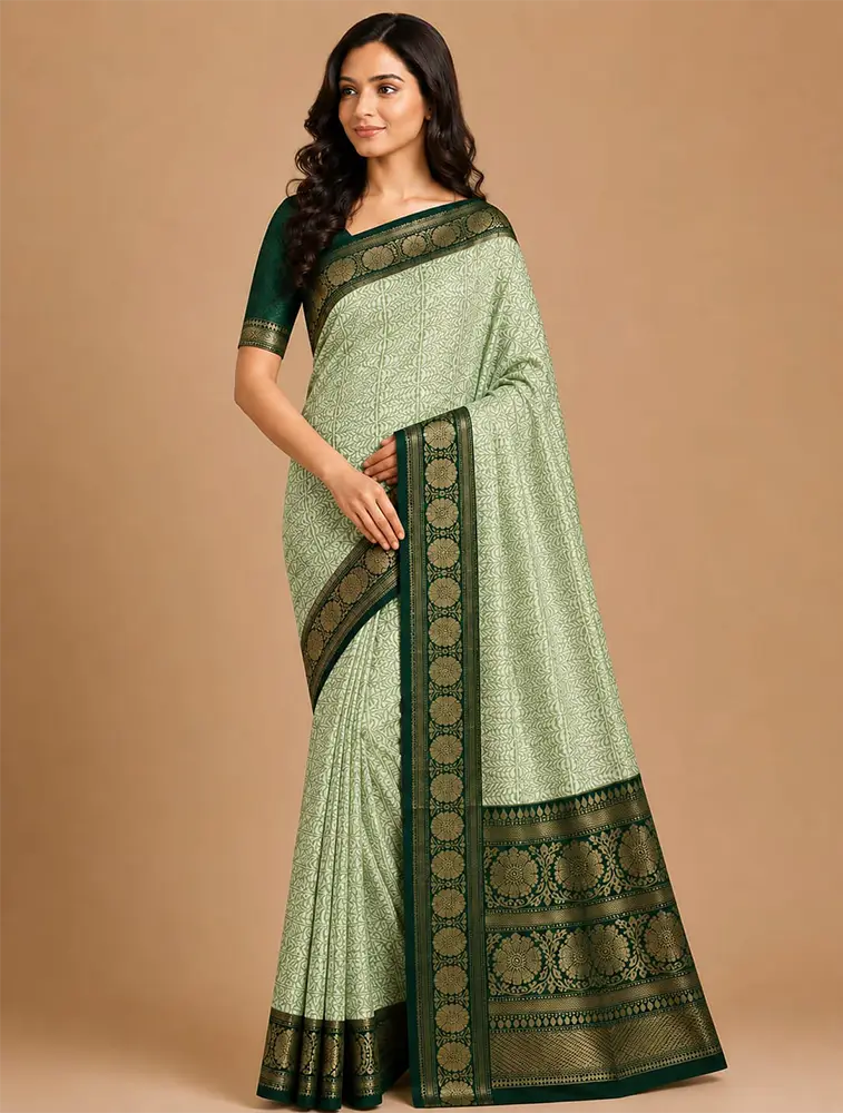 Green Womens Premium Tissue Brocade 3 Card Saree