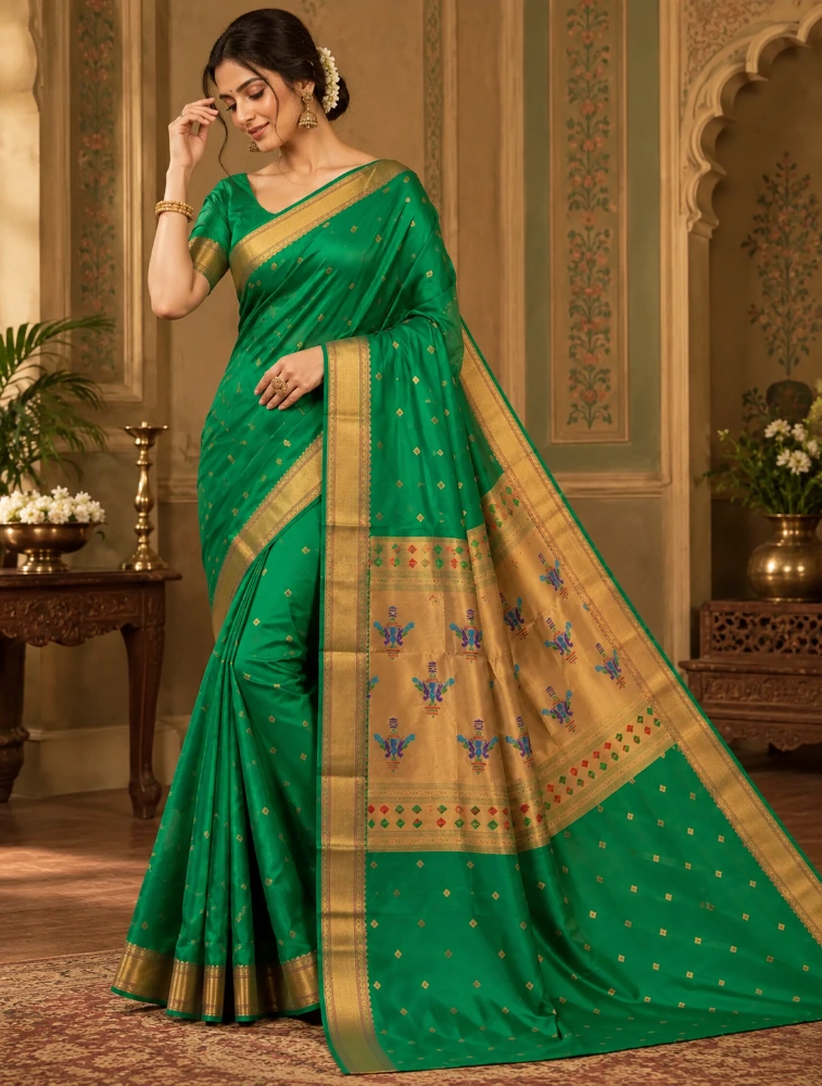 Green Womens Royal Semi Paithani Saree with Elegant Zari Detailing