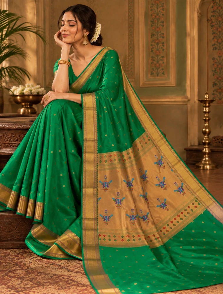 Green Womens Royal Semi Paithani Saree with Elegant Zari Detailing