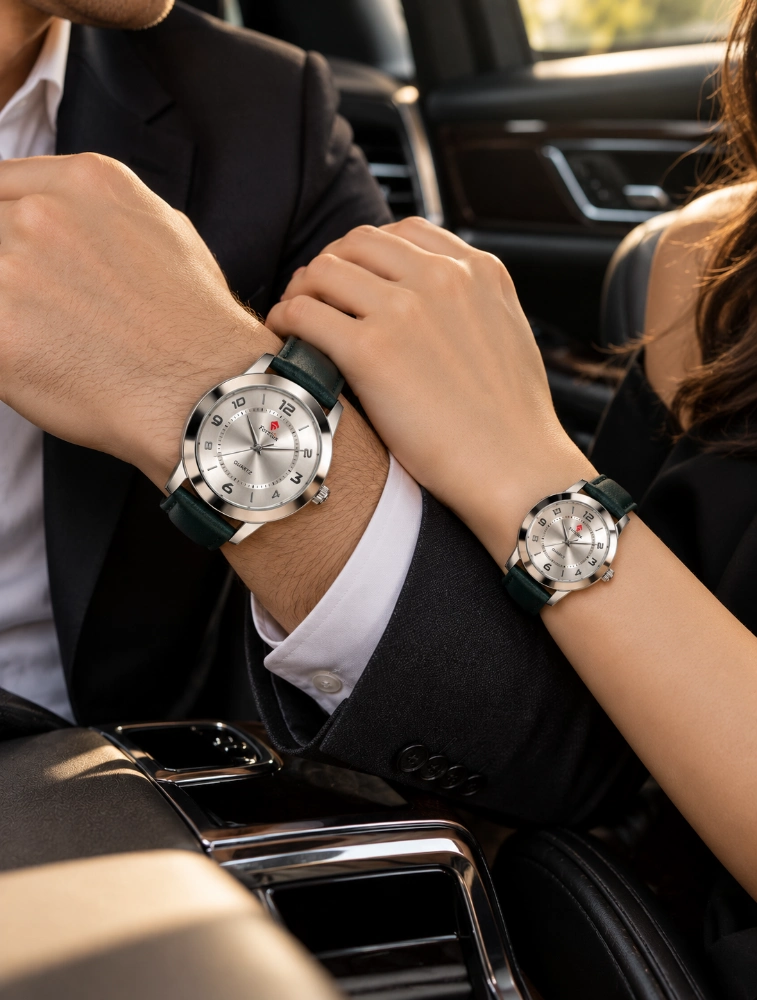 Green with Silver Arabic Dial Couples EverDuo Watch Set