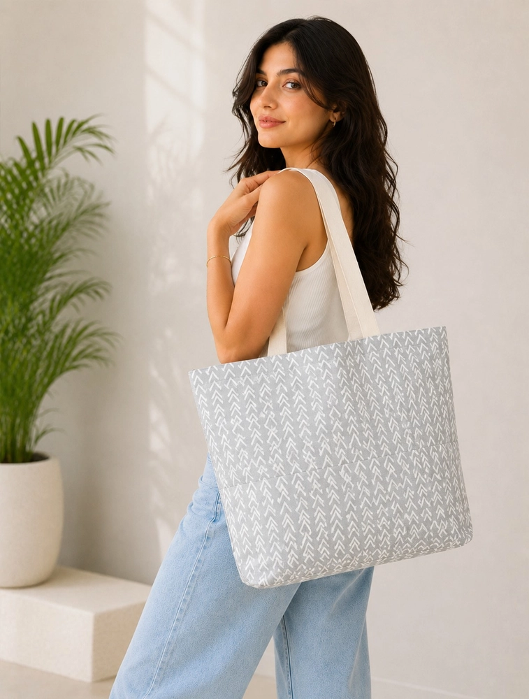 Grey And White Printed Canvas Tote Bag