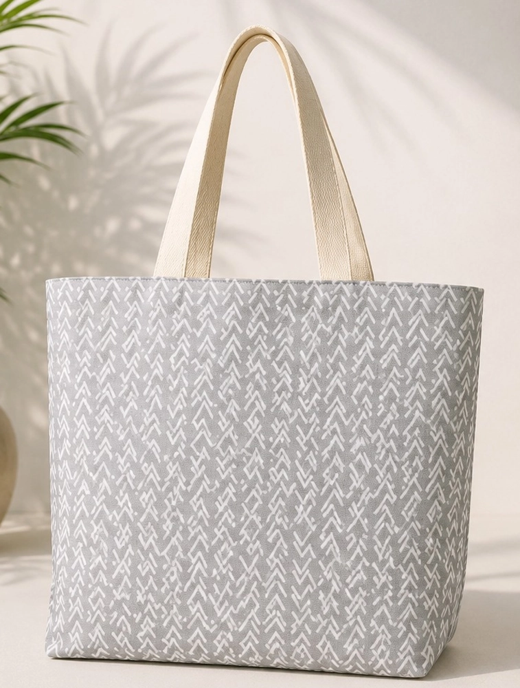 Grey And White Printed Canvas Tote Bag 