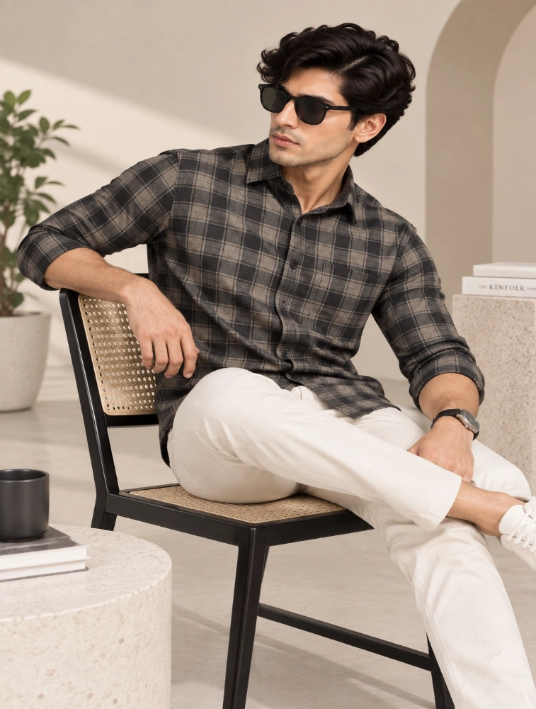 Grey Black  Mens Slim Fit Checks Casual Shirt