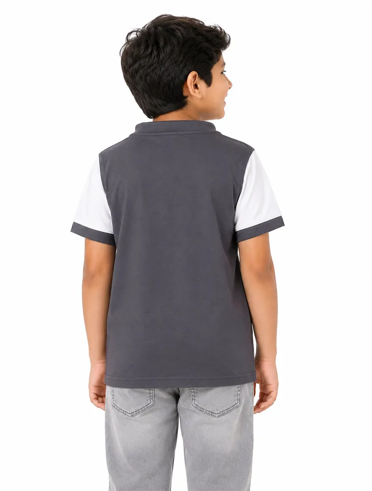 Grey Boys HI Neck Taqua Kids Printed Casual TShirt