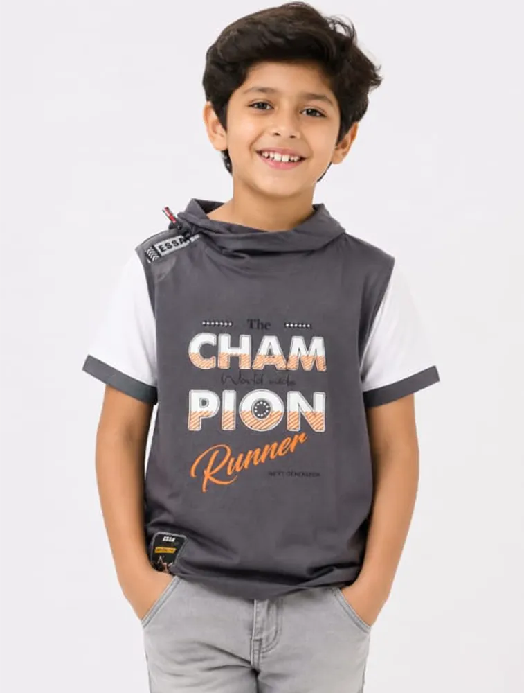 Grey Boys HI Neck Taqua Kids Printed Casual TShirt