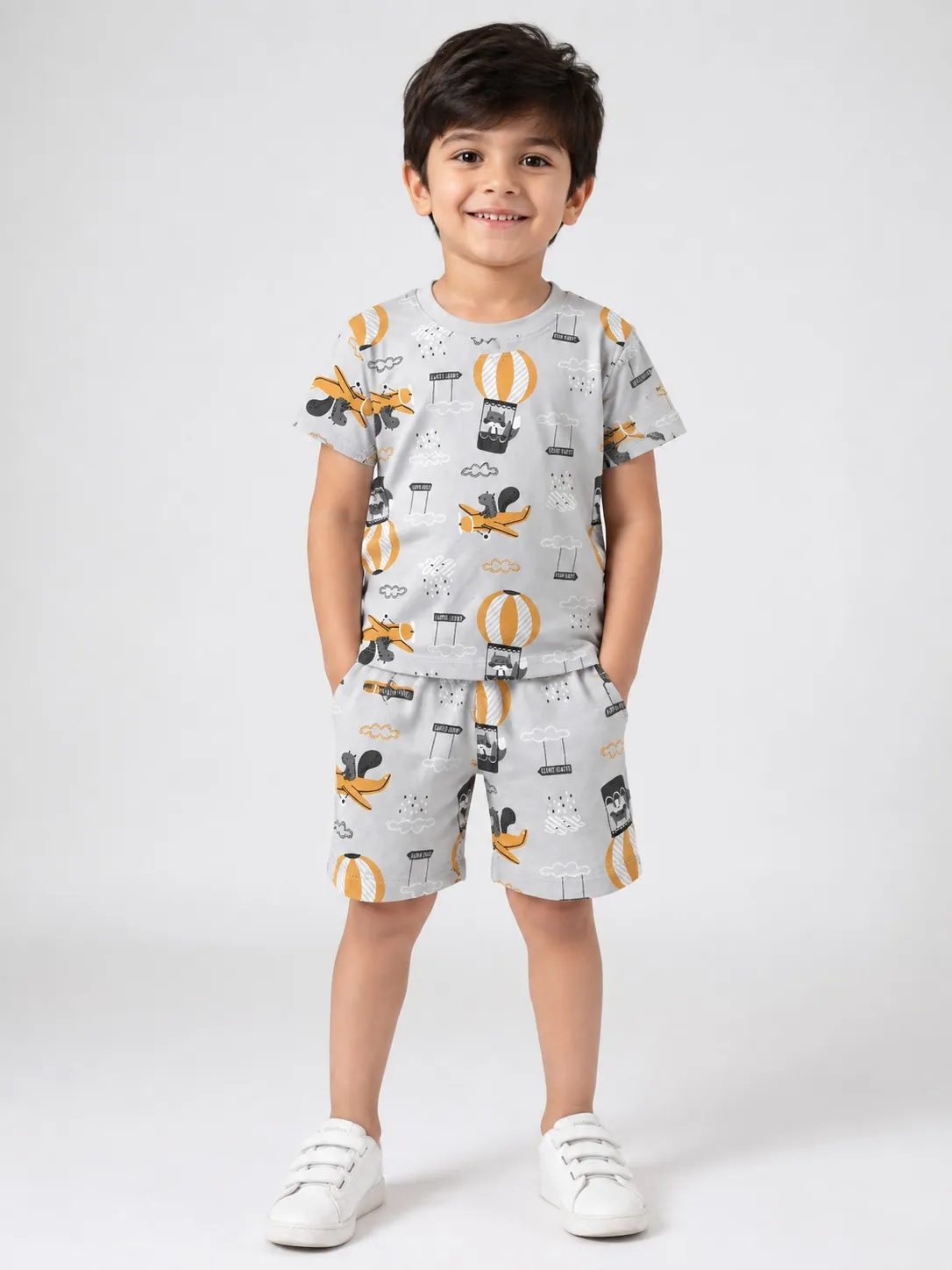Grey Boys Premium Printed T Shirts And Shorts Set