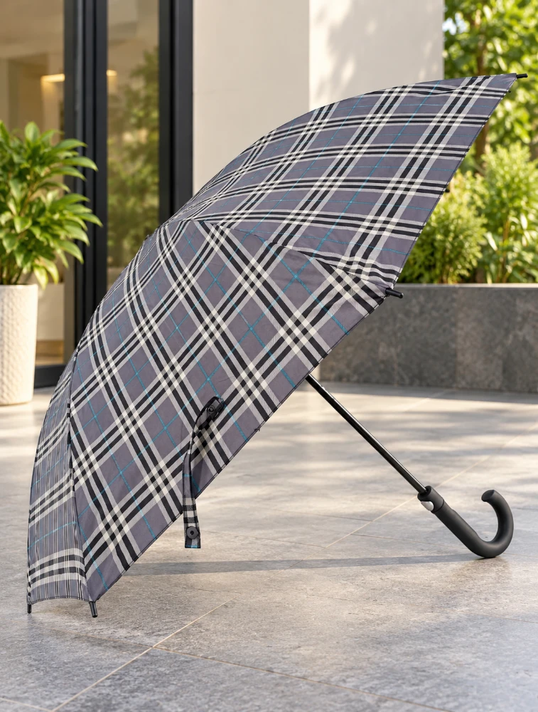 Grey Classic Plaid J Handle Windproof Umbrella
