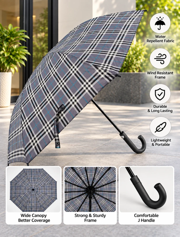 Grey Classic Plaid J Handle Windproof Umbrella