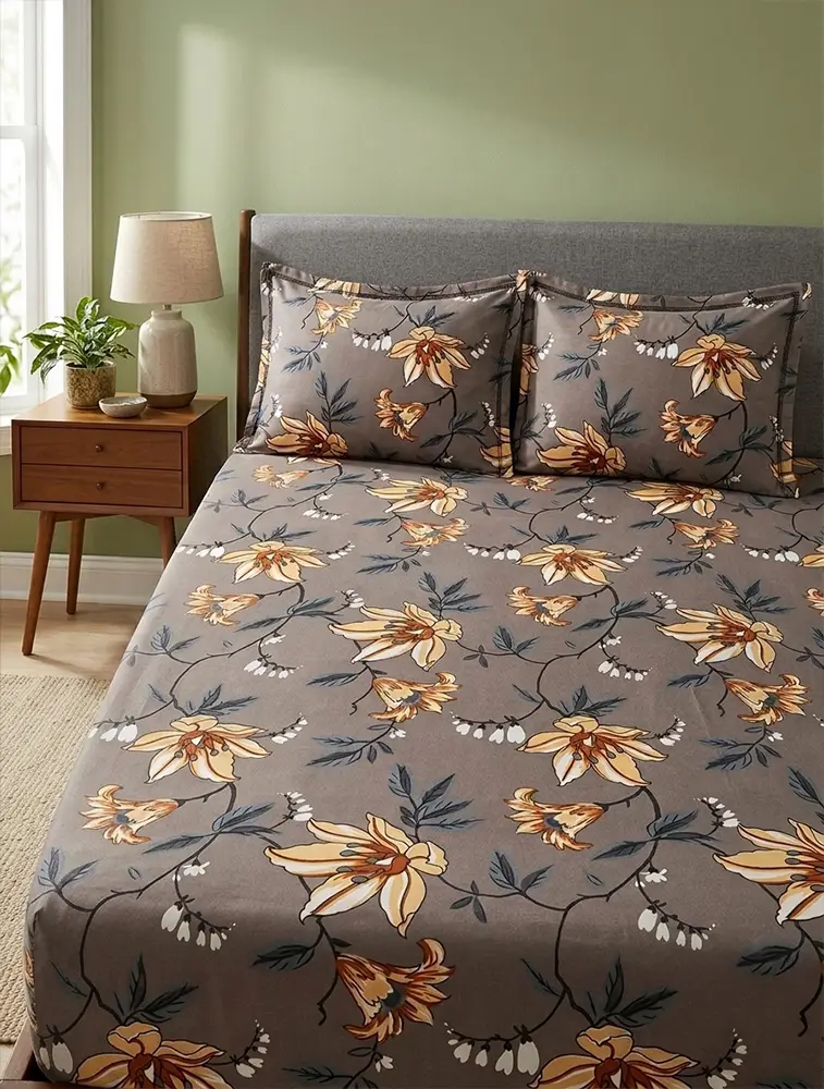  Grey Cotton Printed Double Bed Queen Size Elastic Bedsheet