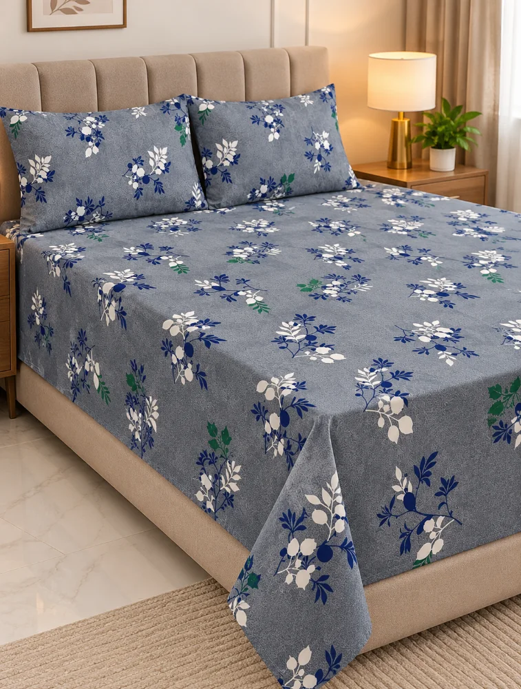 Grey 90 x 100 Inches Cotton Printed Double Coat Queen Size Bedsheet with 2 Pillow Covers