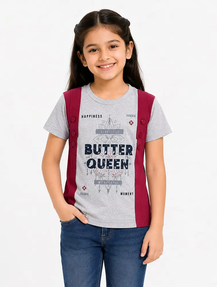 Grey Girls Casual Graphic T Shirt with Contrast Side Panels