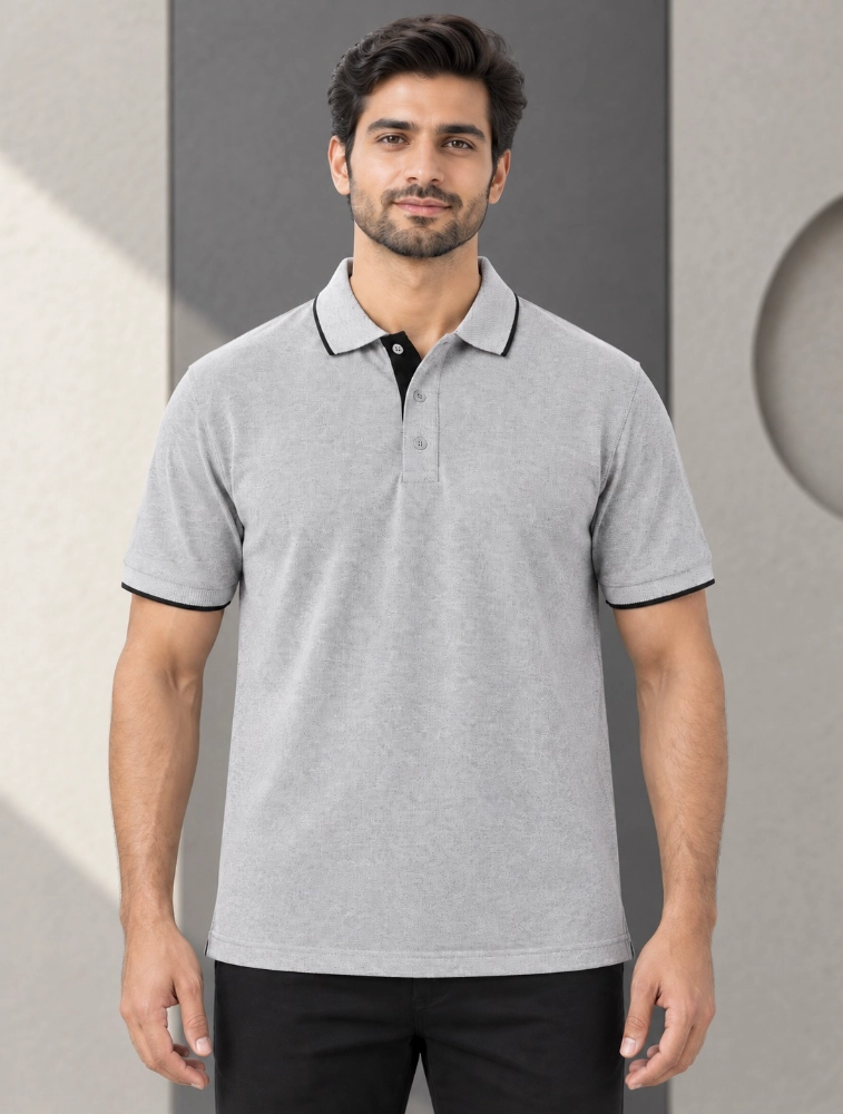 Grey Melange Mens Premium Eco Blend 240 GSM Pole T Shirt With Black Jacquard Contrast Tipping