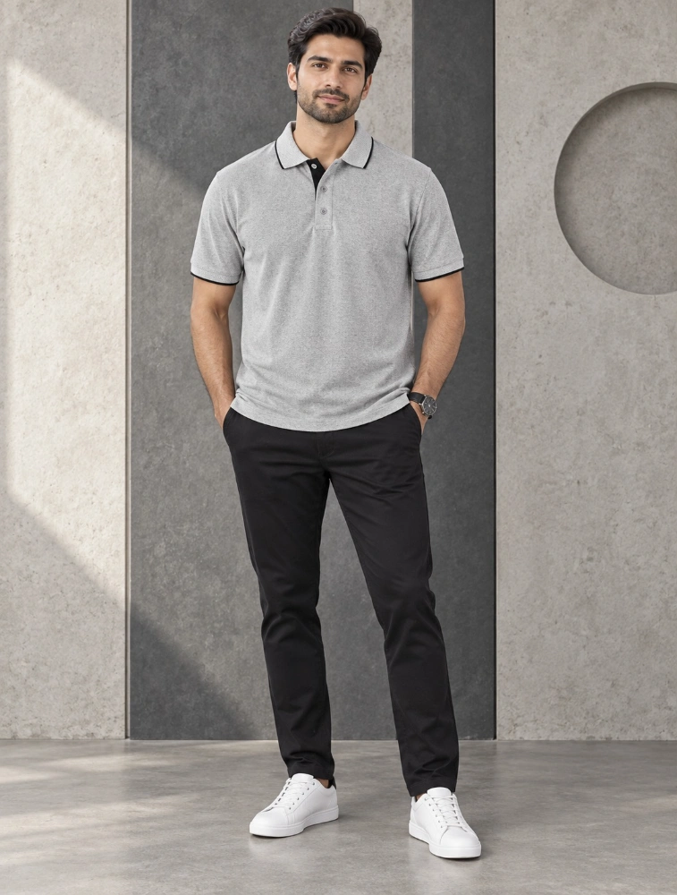 Grey Melange Mens Premium Eco Blend 240 GSM Pole T Shirt With Black Jacquard Contrast Tipping