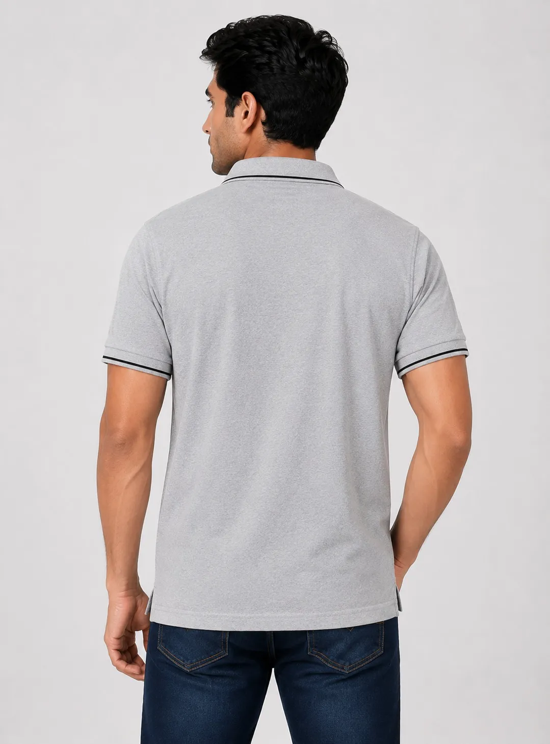 Grey Melange Mens Premiun Cotton 270 GSM Half Sleeve Polo T Shirt With Black Collar And Sleeve Tipping