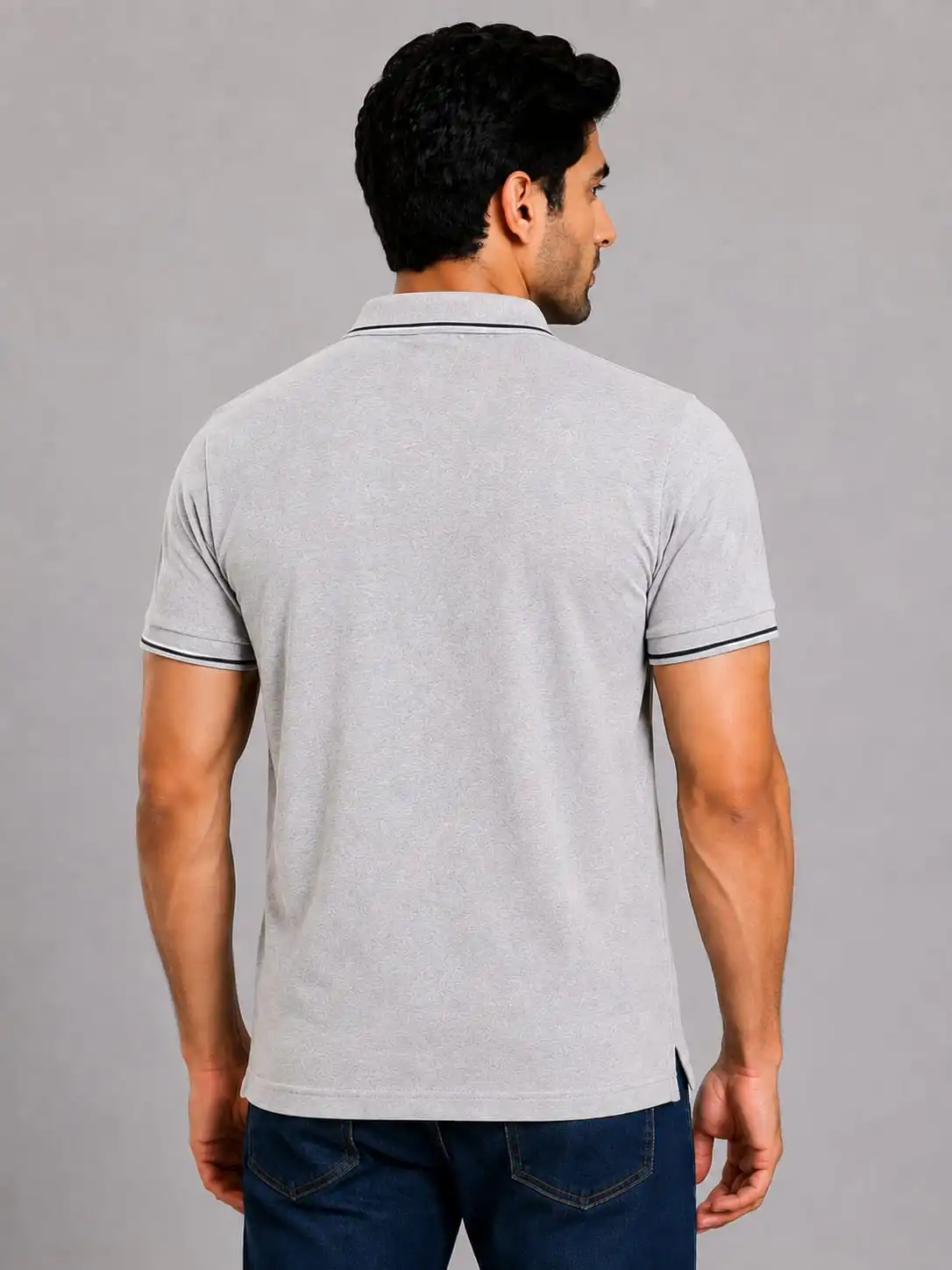 Grey Melange Mens Premiun Cotton 270 GSN Half Sleeve Polo T Shirt With Black Collar And Sleeve Tipping