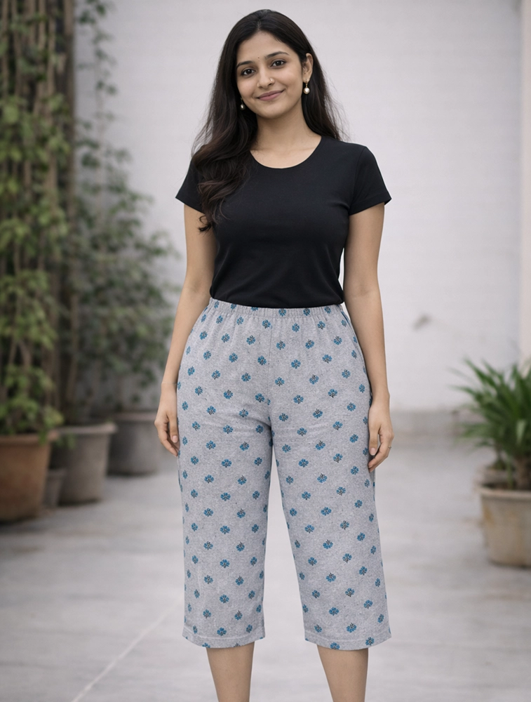 Grey Melange Womens Floral Printed Polycotton 120 GSM Capri Pant