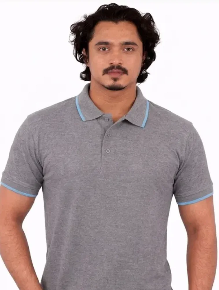 Grey Polycotton 220 GSM Polo T Shirt with Contrast Tipping Collar Cuff with slit