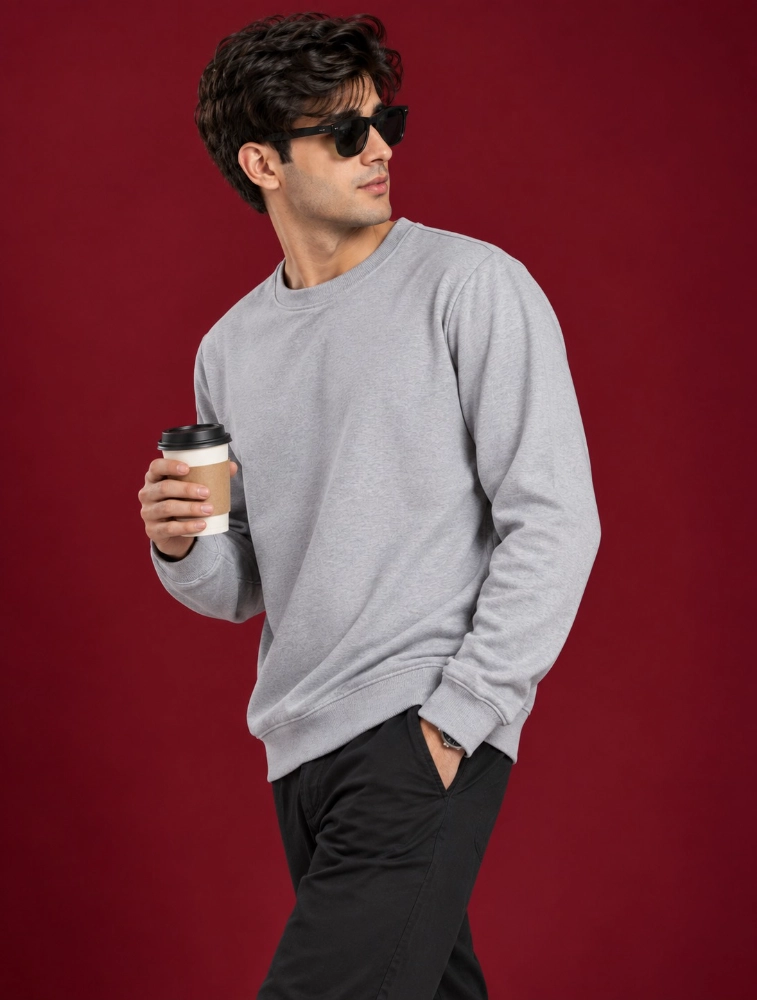Grey Polycotton Fleece Crew Neck Full Sleeve 300 GSM Sweatshirt