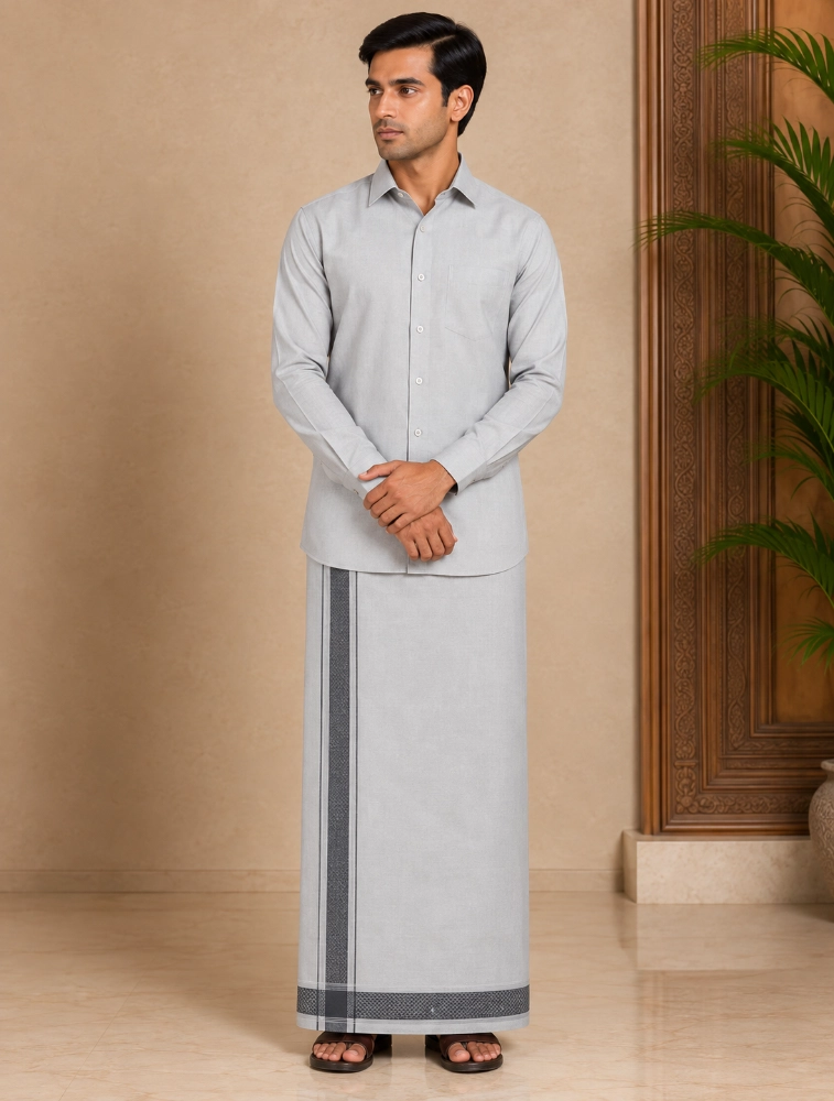 Grey Sliver Mens Premium Plain Tissue Silk Shirt and Dhoti Set