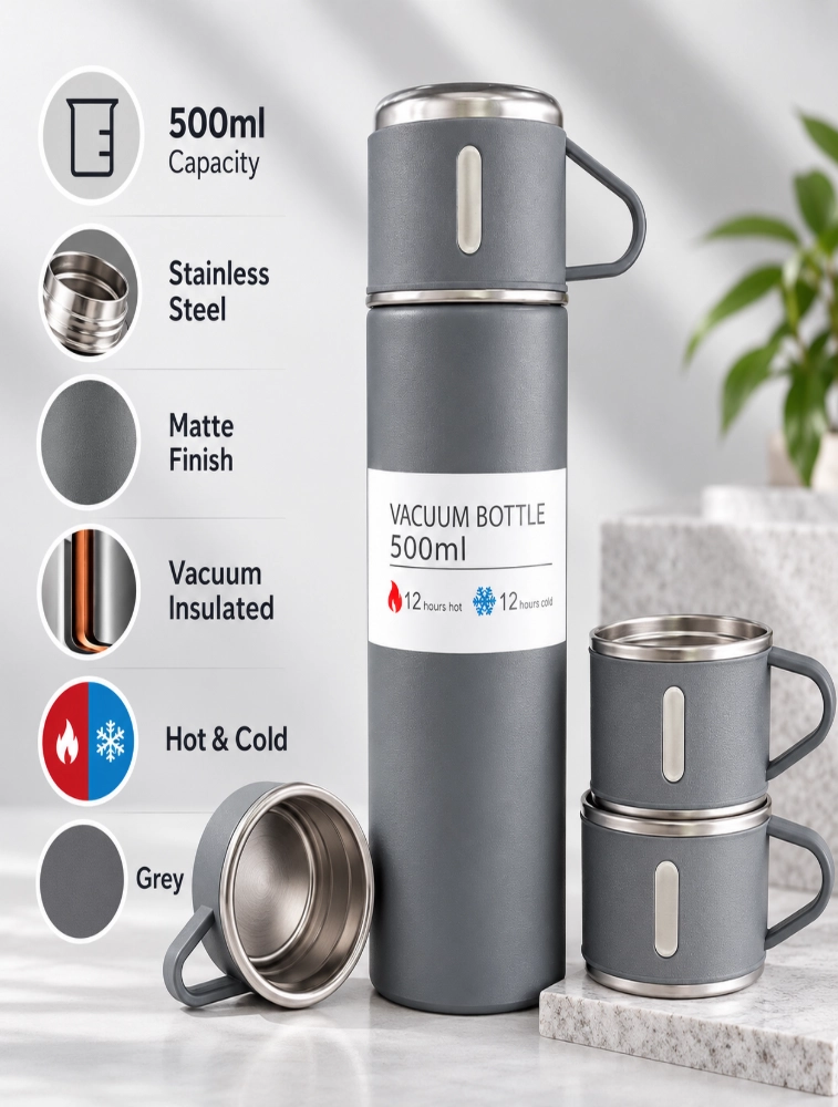 Grey Stainless Steel Vacuum Flask Set  