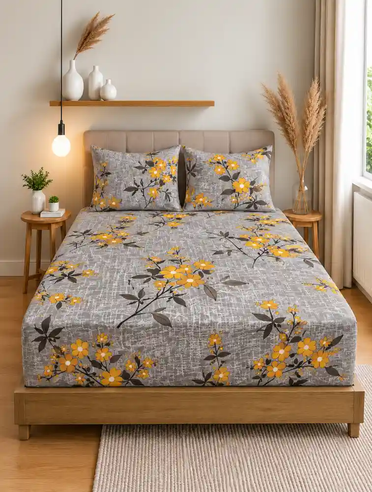 Grey With Yellow Elasticated King Sized Bedsheet and Pillow Covers Set  