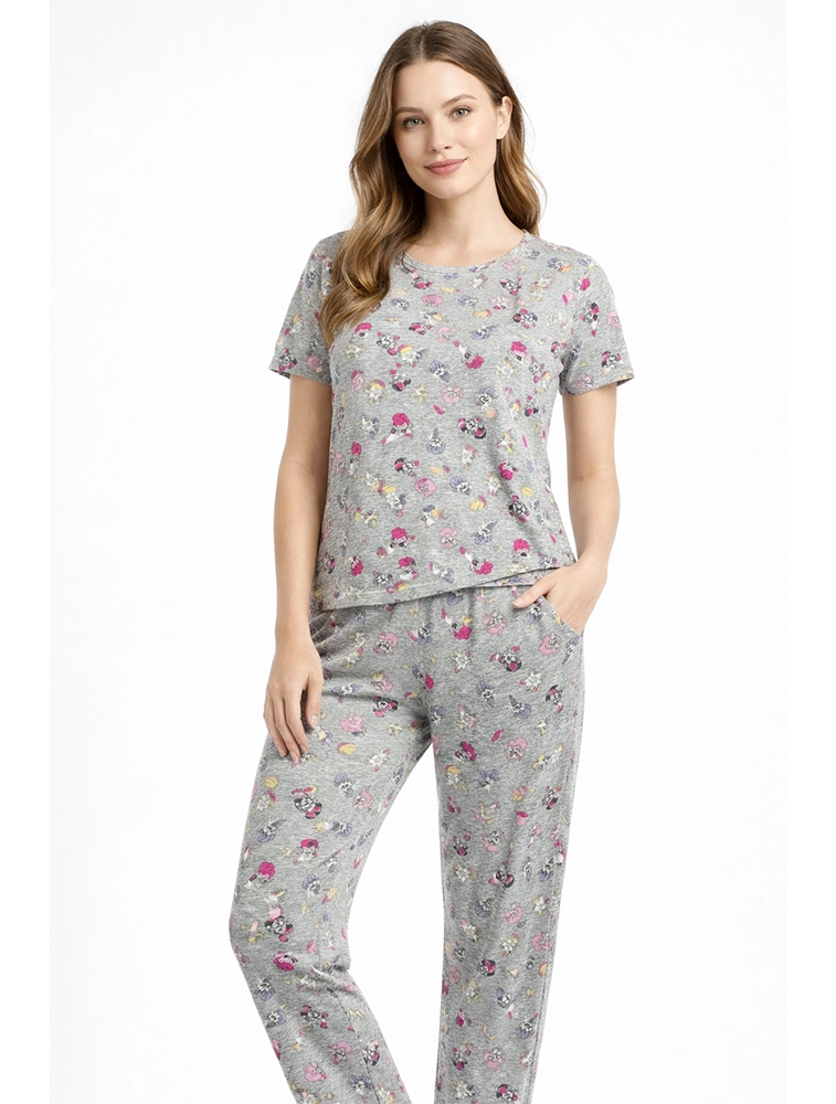Grey Women Cotton Printed Night Suit Set
