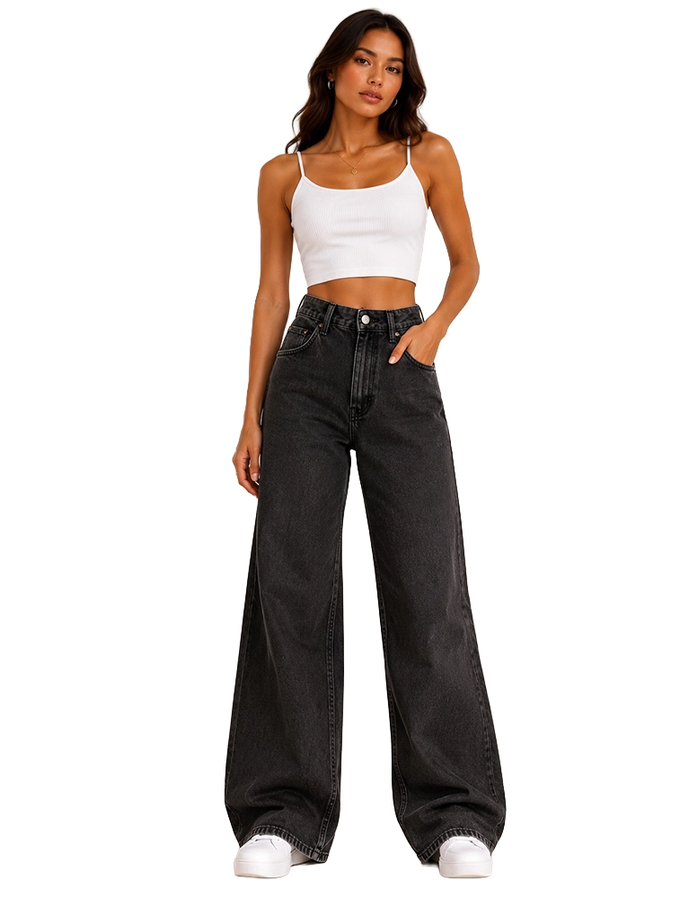 Grey Women Wide Leg Denim Jeans