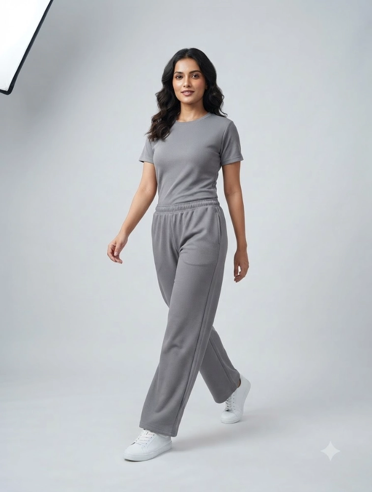 Grey Womens Micro Plain Casual CoOrd Set