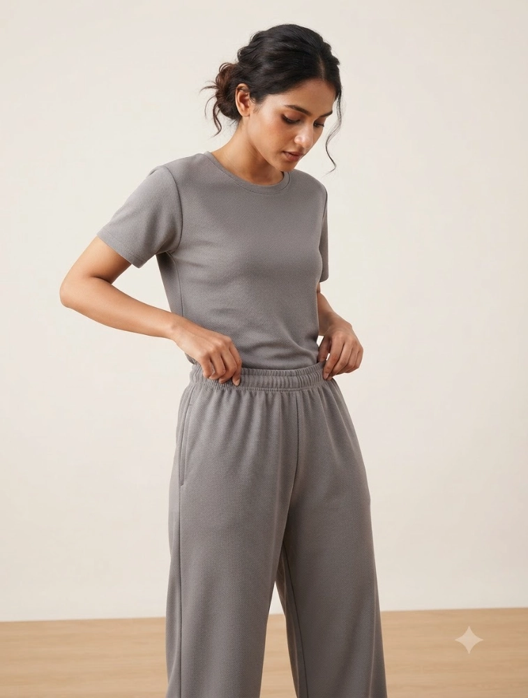 Grey Womens Micro Plain Casual CoOrd Set