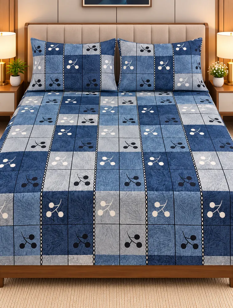 Grey with Navy Blue 90 x 100 Inches Cotton Printed Double Coat Queen Size Bedsheet with 2 Pillow Covers