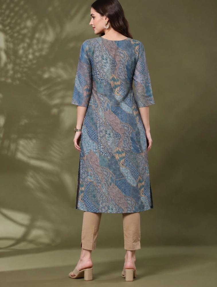 Greyish Blue Aarvika Abstract Elegance Printed Kurti