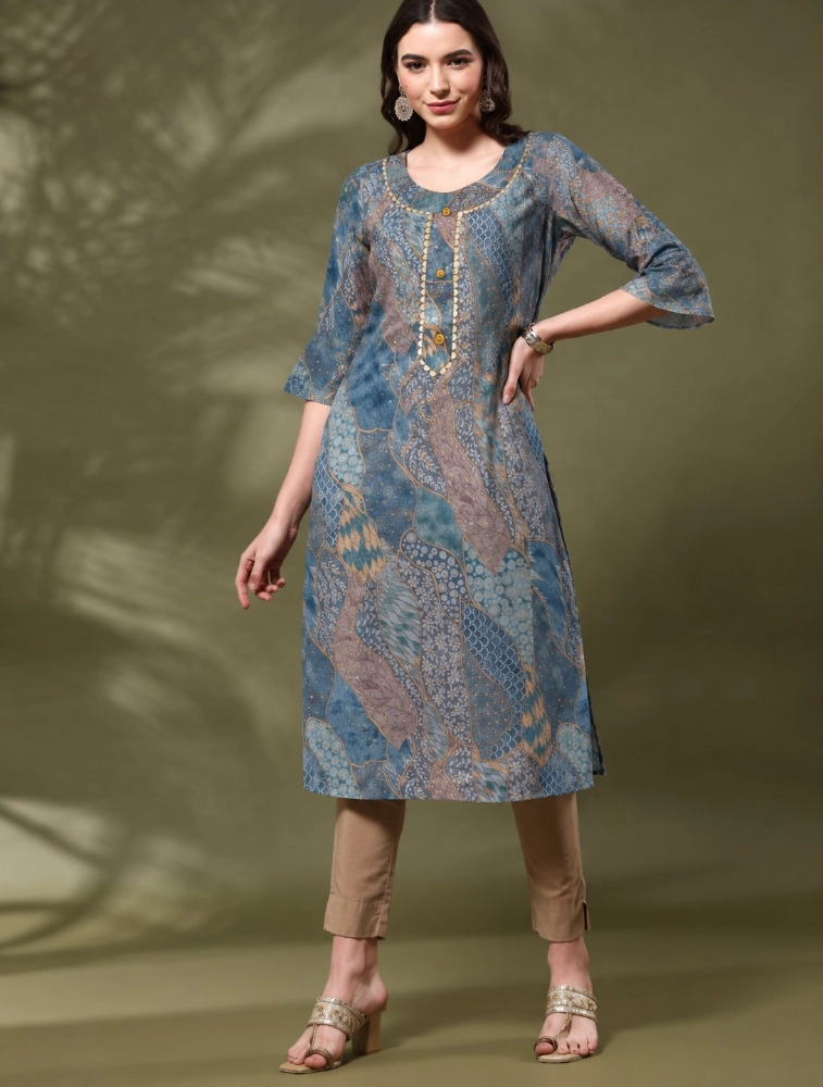 Greyish Blue Aarvika Abstract Elegance Printed Kurti