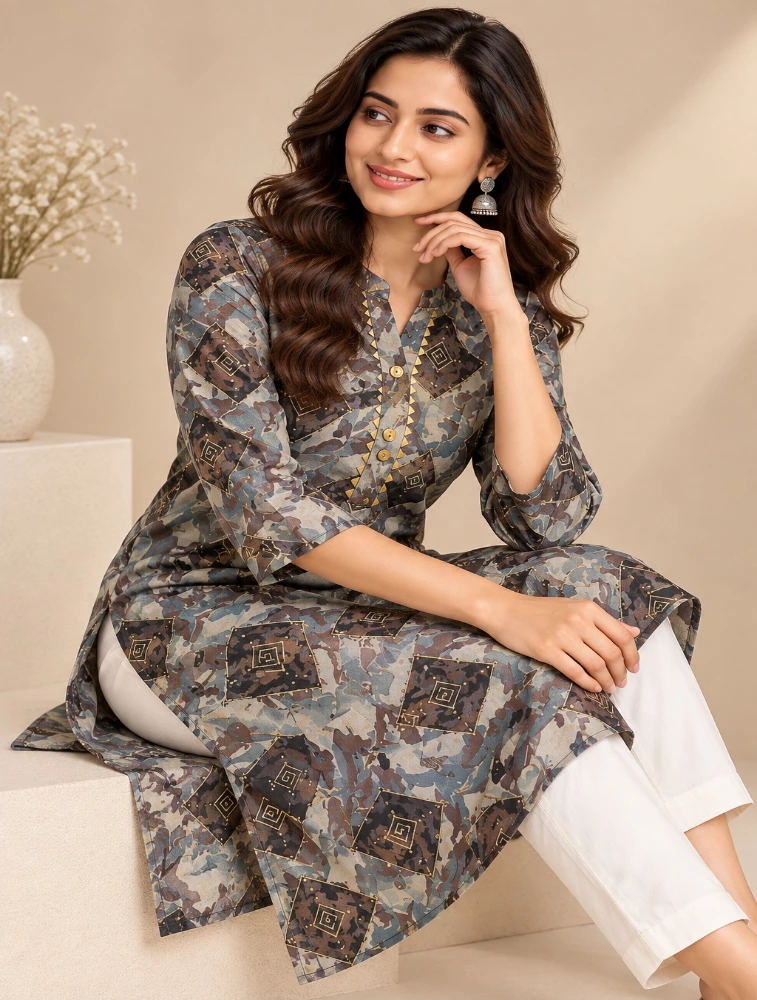 Greyish Blue Womens Elegant Floral Printed Casual Top