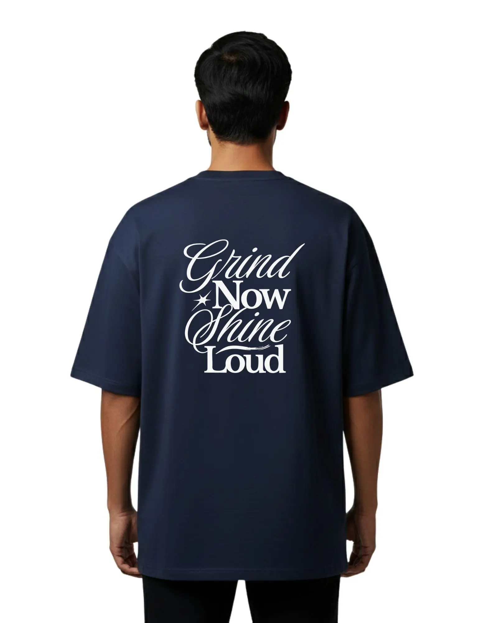 Grind Now Shine Loud Oversized Cotton French Terry T-Shirt 240 GSM Navy Blue