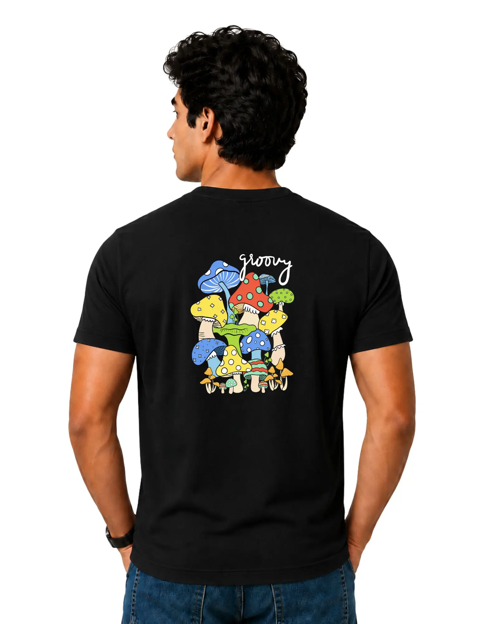 Groovy Mushroom Cotton Round Neck T-Shirt 180 GSM Black