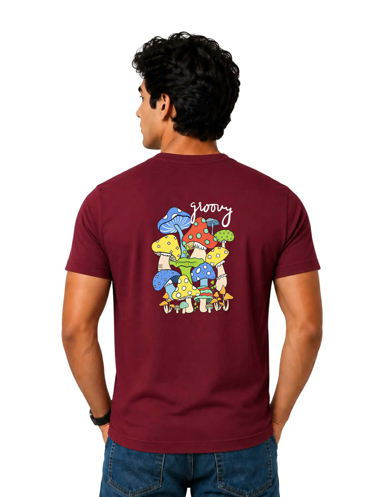 Groovy Mushroom Cotton Round Neck T-Shirt 180 GSM Maroon