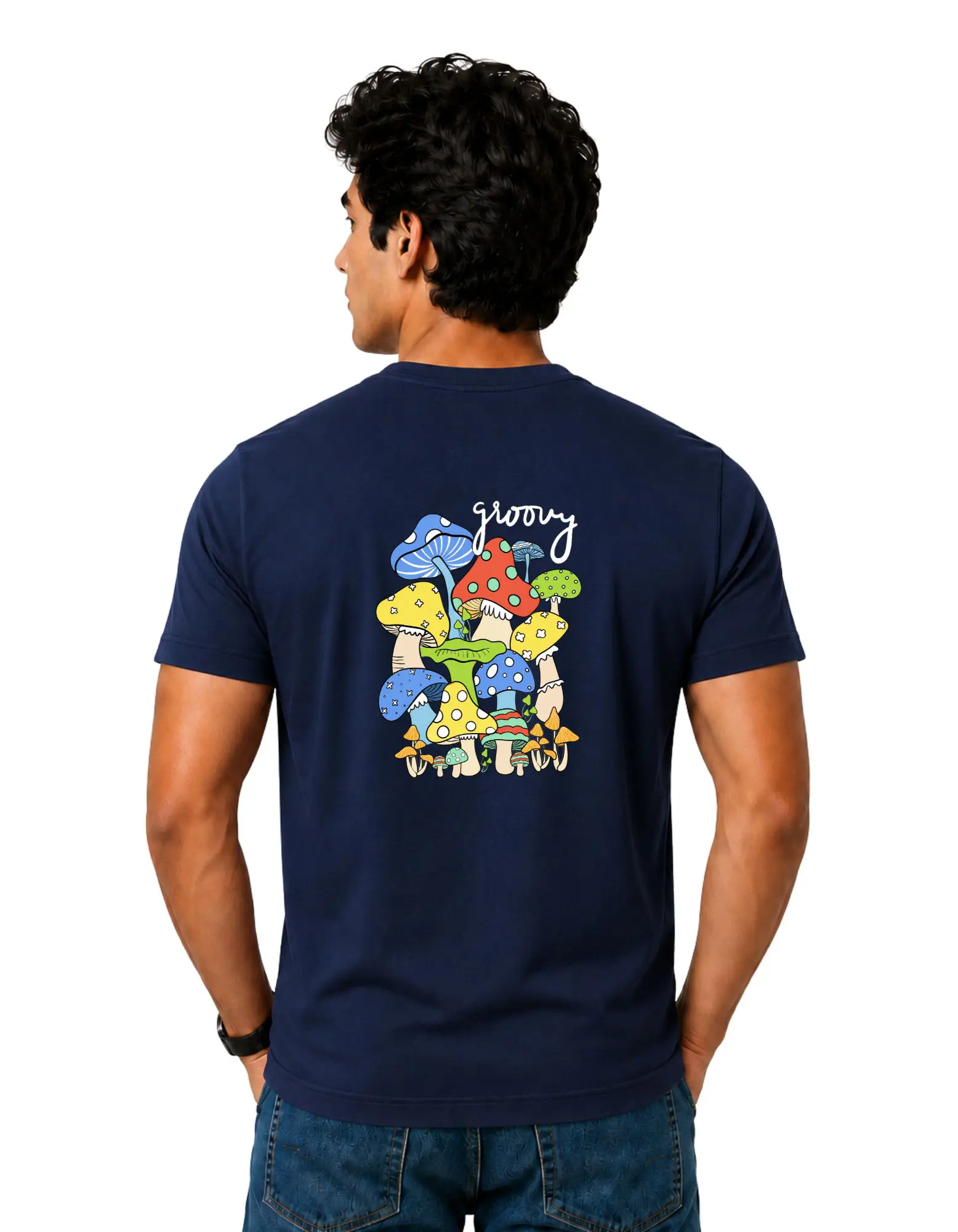 Groovy Mushroom Cotton Round Neck T-Shirt 180 GSM Navy Blue