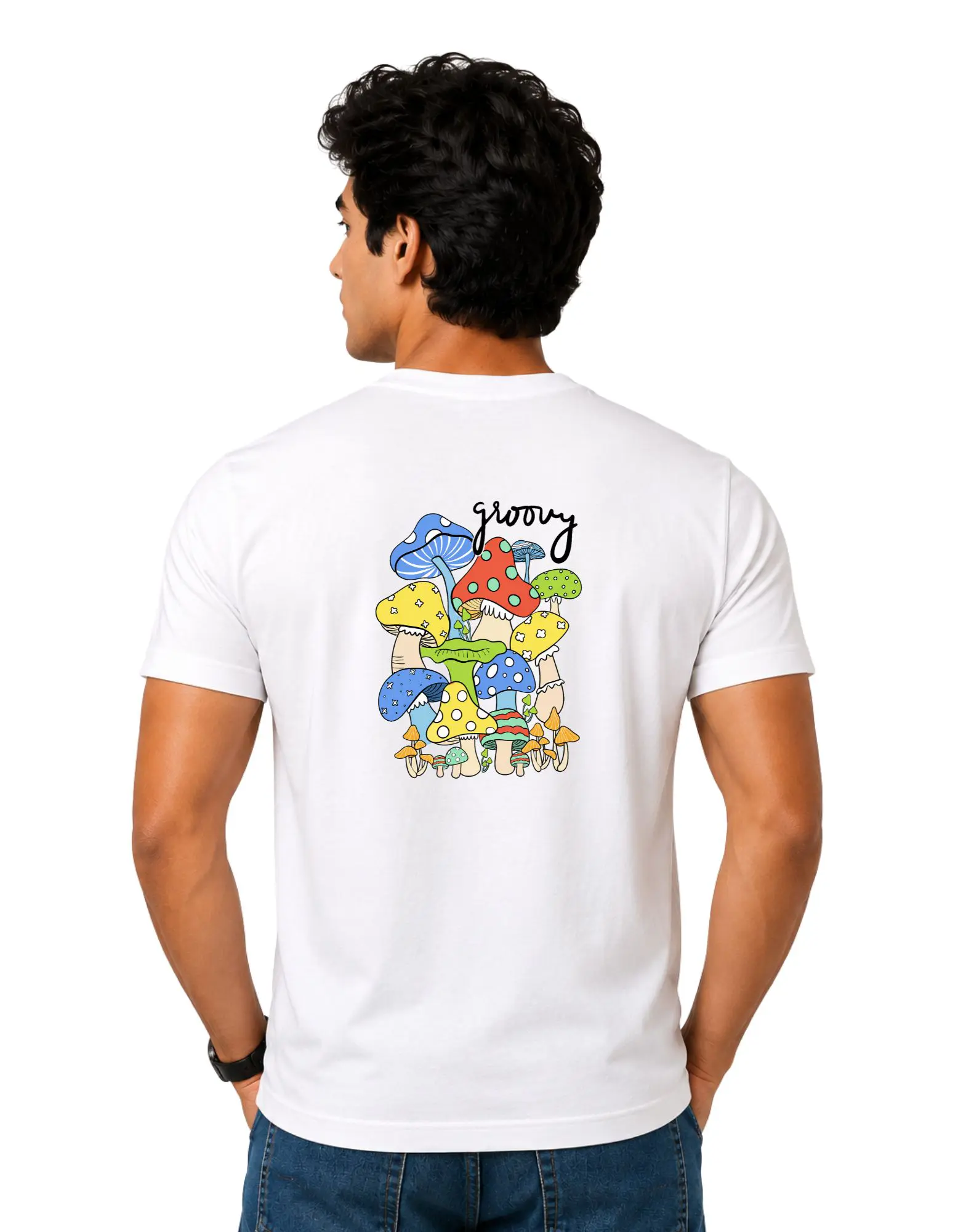 Groovy Mushroom Cotton Round Neck T-Shirt 180 GSM White