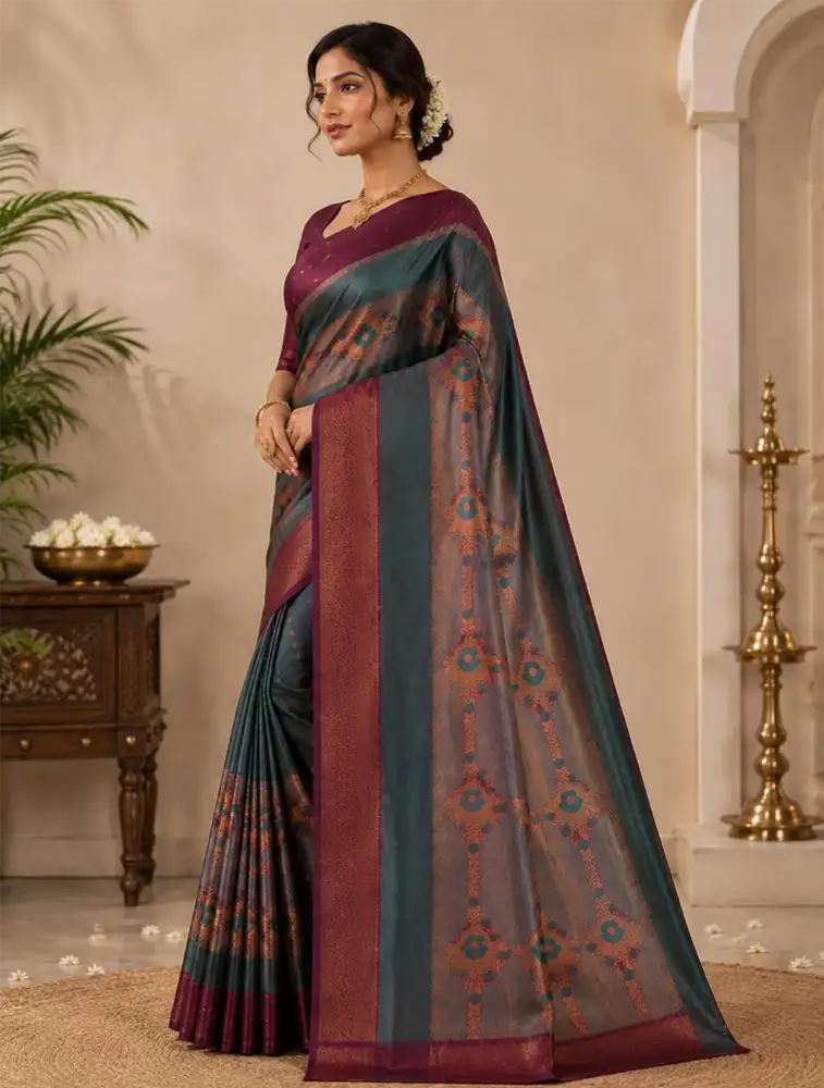  Gunmetal Grey Womens Printed Luxury Jarri Soft Silk Saree  