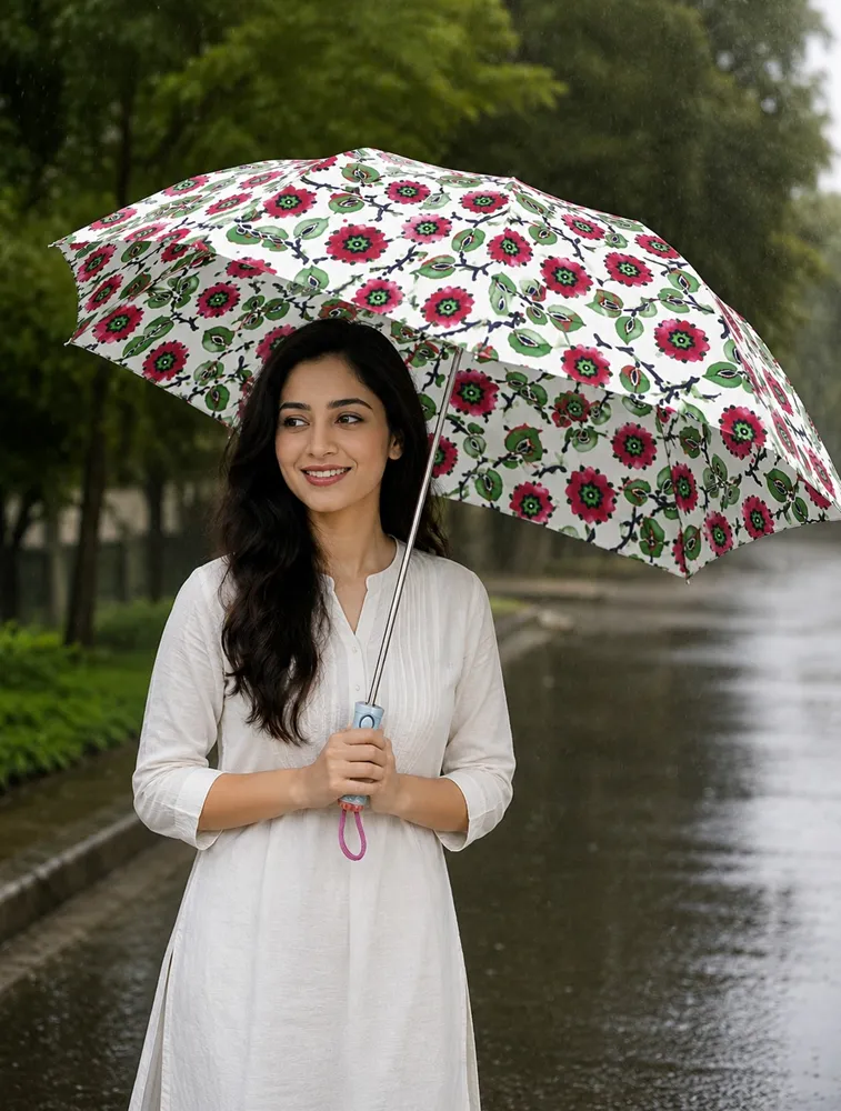 Half White Summer Meadow Bloom Floral Compact Umbrella