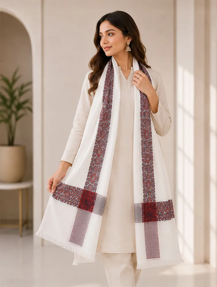 Half White Premium Cotton Polyester Jacquard Winter Shawls — bulk from ₹330