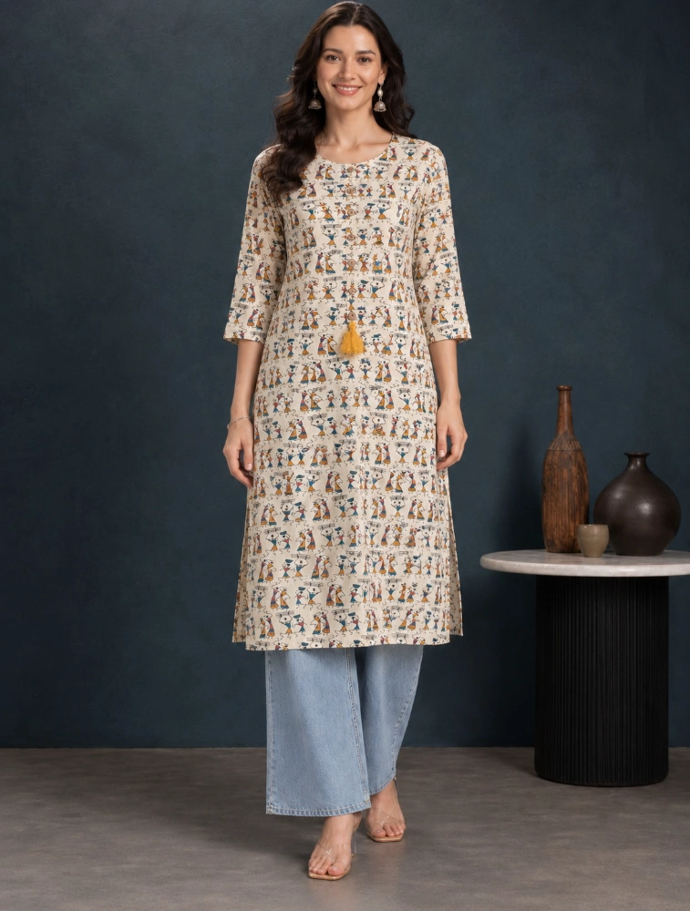 Half White Women Printed Regular Kurta