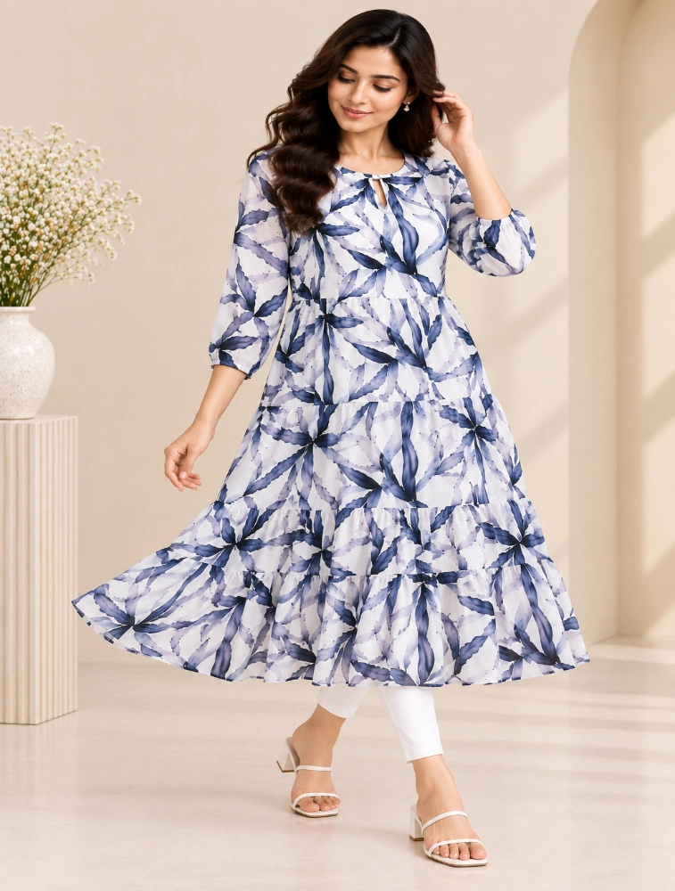 Half White Womens Elegant Floral Printed Casual Top