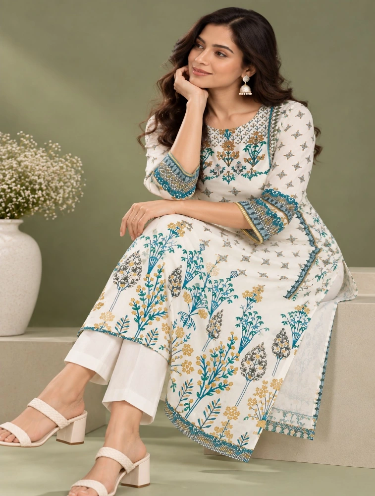 Half White Womens Graceful Ethnic Embroidered Kurta
